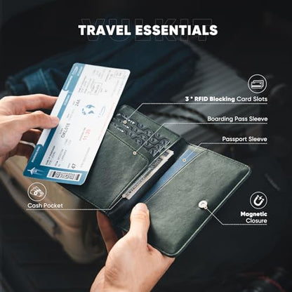 VULKIT Passport Holder Magnetic Closure RFID Blocking Travel Wallet Passport Book Cover Boarding Pass Holder Travel Essentials - color: Green