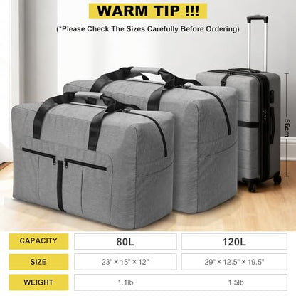 80L Large Duffle Bag for Travel, Packable Foldable Duffel Bag for Men Women Camping Weekend Overnight Moving, Water Repellent & Tear Resistant (80L, Gray) - size: 80L