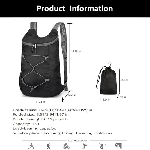 levayhill 16L Foldable Hiking Backpack,Small Packable Daypack, Black & Gray - color: Black&gray
