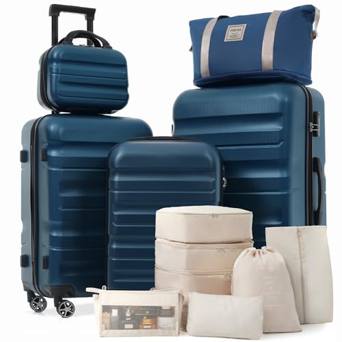 Merax Luggage Set 13 Piece, Hardshell ABS Suitcases with 8 Silent Spinner Wheels, Durable and Lightweight Travel Luggage for Family Trips - color: Ink Blue, style: 13-piece Set