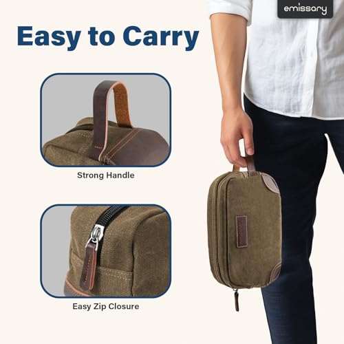 emissary Men's Canvas Travel Toiletry Bag, Leather Dopp Kit - Brown - color: Brown