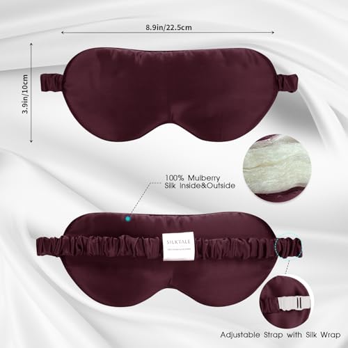 100% Mulberry Silk Eye Mask for Sleeping with Silk Wrapped Adjustable Strap,Burgundy - color: Burgundy