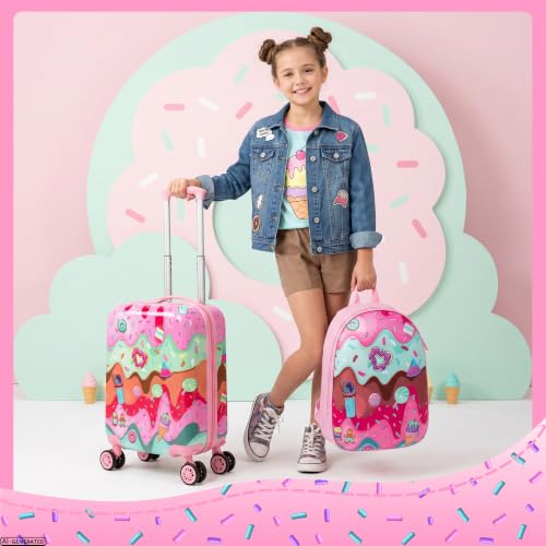 Kids 4 Piece Luggage Set 16" Hard Shell Suitcase Cute Ice Cream Pattern, Rolling Wheels Travel Gift for Girls - color: Pink Ice Cream