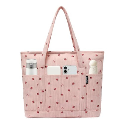 Large Canvas Tote Bag for Women, Beach Bag with Zipper, Utility Tote Bag with 3 Front Pockets, Weekender Pool Bag - color: Pink