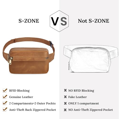 S-ZONE Fanny Packs for Women Genuine Leather RFID Blocking Crossbody Sling - color: Light Brown