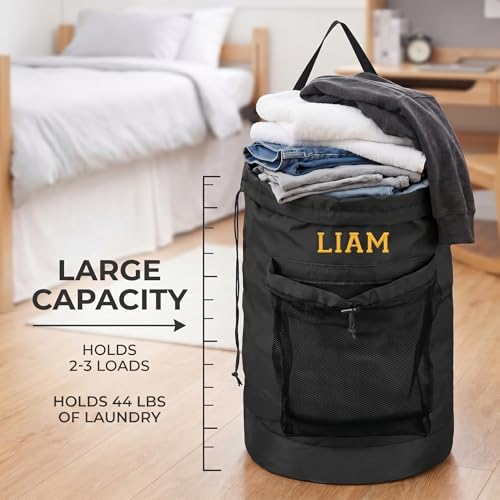 Personalized Laundry Bag Heavy Duty Custom Graduation University XL Bag Backpack with Hanging Shoulder Strap & Mesh Pocket - Back to School College Graduation Gift - Choose Your Font & Thread Color - color: Black