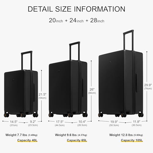 LEVEL8 Elegance Matte Luggage Set, 20 Inch Carry-on Luggage, 24&28 Large Suitcase Lightweight Hardside Suitcases with Wheels,Tsa Lock,3-Piece Set(20/24/28), Black - color: Black, size: 20/24/28-Inch