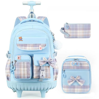 ACESAK Rolling Bow Backpack for Girls with Lunch Bag & Pencil Pouch - color: Blue