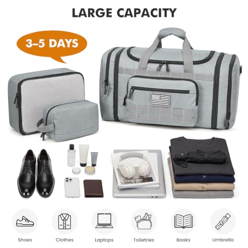 S-ZONE Expandable Travel Duffle Bag, 50L to 60L Tactical Gym Duffel for Men - color: Grey