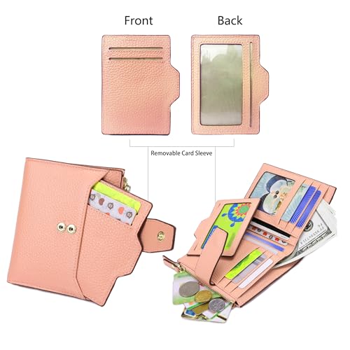 Women's RFID Blocking Leather Small Compact Bi-fold Zipper Pocket Wallet Card Case Purse with id Window - color: Lichee Pink