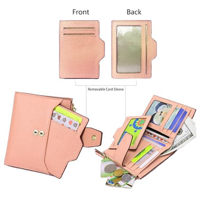 Women's RFID Blocking Leather Small Compact Bi-fold Zipper Pocket Wallet Card Case Purse with id Window - color: Lichee Pink
