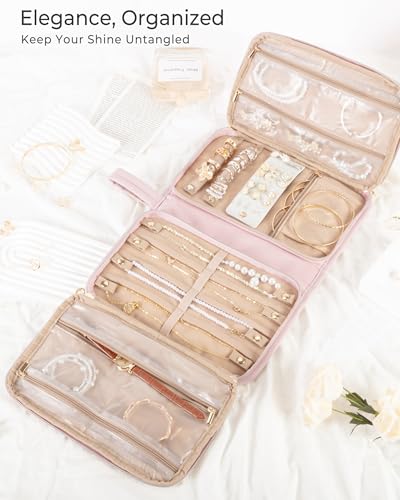 Marscamd Travel Jewelry Case Organizer, Foldable Jewelry Bag, Pink - color: Pink