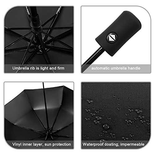 Automatic Windproof Travel Umbrella - Auto Open Close Compact Folding for Rain, Sun Protection Tote With Black Coating for Women Men