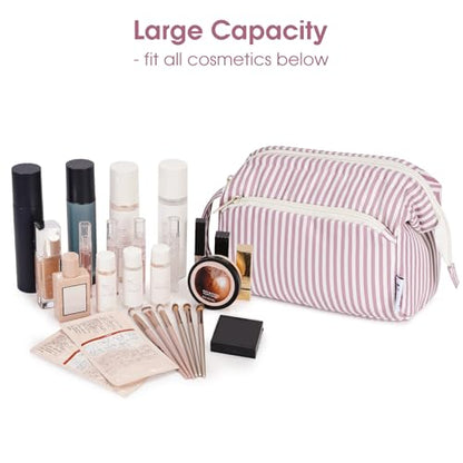 Narwey Travel Makeup Bag Toiletry Bag, Wide Open Cosmetic Bag for Women - color: D-Dusty Rose Stripe, size: Small