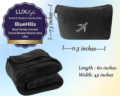 BlueHills 2-Pack Mini Premium Soft Plush Travel Blanket Pillows Combo Black - color: Black-2pk-m25