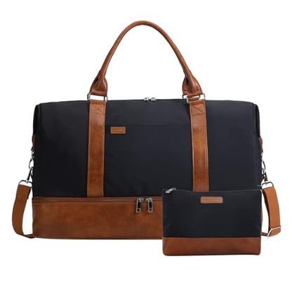 Women's Weekender bag Travel Duffel Bag with Shoe Compartment 21-inch Airline-Approved Carry-On, 2-Piece Overnight Bag Set Personal Item Luggage - color: Brown Black