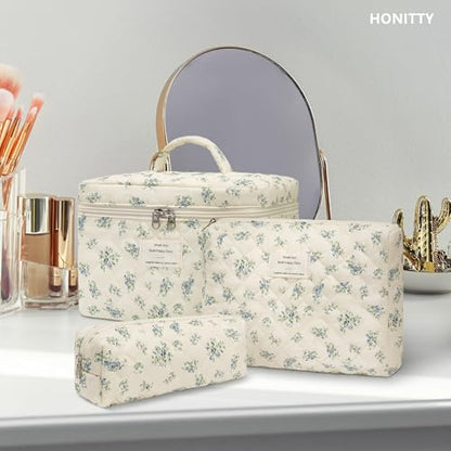 honitty Makeup Bag,Quilted Cosmetic Bags for Women - color: Blue flower