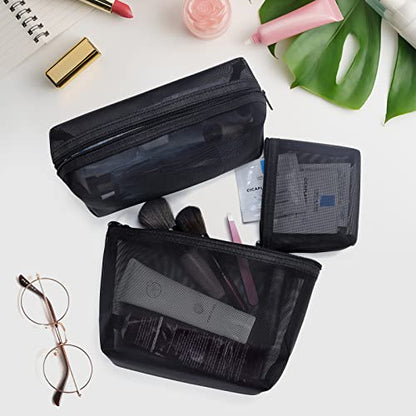 Aosbos 3-Pack Mesh Cosmetic Bag Set - Travel/On-The-Go Makeup Storage, Zipper Closure Small Pouch - color: Black