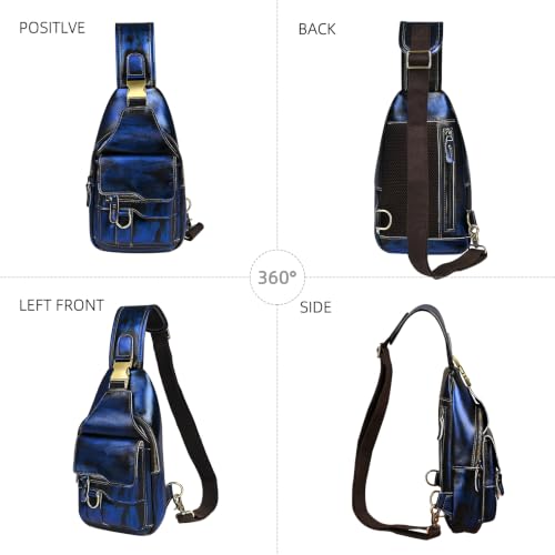 Genuine Leather Hiking Travel DayPack Sling Crossbody Triangle Chest Pack Bag For Men Women 8241 (D-8241 Blue) - color: D-8241 Blue