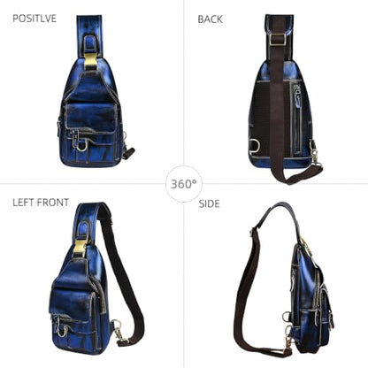 Genuine Leather Hiking Travel DayPack Sling Crossbody Triangle Chest Pack Bag For Men Women 8241 (D-8241 Blue) - color: D-8241 Blue