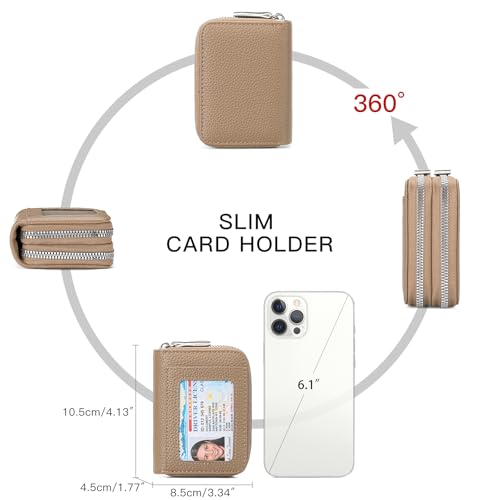 RNIEGA Credit Card Holder Wallet RFID Blocking Leather Small Wallet for Women Double Zipper Wallet with ID Window - color: Beige