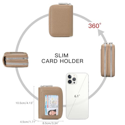 RNIEGA Credit Card Holder Wallet RFID Blocking Leather Small Wallet for Women Double Zipper Wallet with ID Window - color: Beige