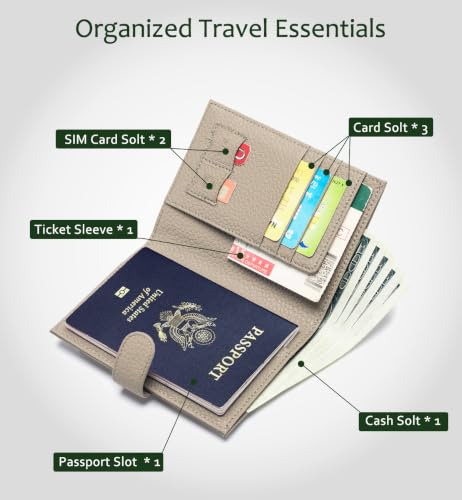 RFID Blocking Passport Wallet for Women, Leather Travel Wallet - color: Grey