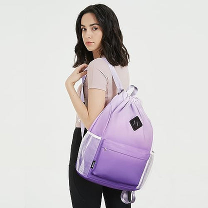 WANDF Drawstring Backpack with Shoe Compartment, Sports Gym Bag - color: L, Purple Gradient, size: Large