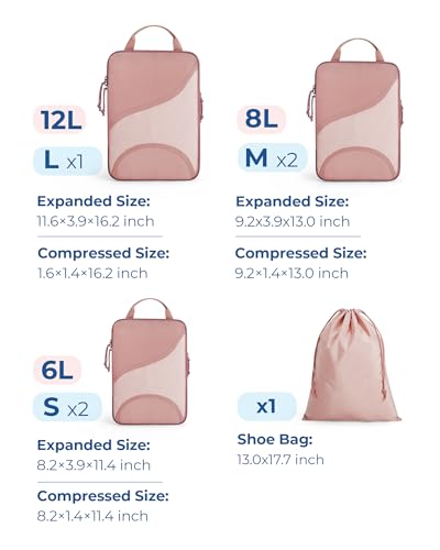 Bagsmart Compression Packing Cubes, Travel Bag Cruise Ship Essentials - color: Dark Pink, size: 6 Set