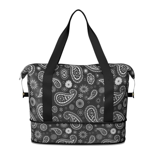 Foldable Large Travel Duffel Bags for Women - Black Gym Bag Paisely Waterproof Weekender Beach Tote Carry on Bag with Luggage Sleeve for Spirit Airlines Personal Item Bag Overnight Mom Hospital Duffle - color: Paisely05