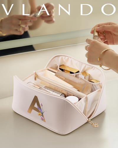 VLANDO Initial Makeup Bag with Separate Brush Pocket,Letter A,Off White - color: 14.White-A