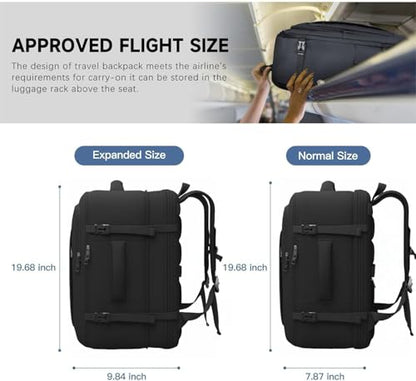 Carry On Backpack TSA Flight Approved, 50L Big Travel Backpack for Men - color: Black, size: 2X-Large(20"x14"x10")