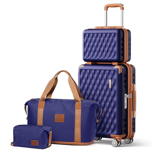 Melalenia Luggage Set 4 Piece Carry On, Hardside Suitcase with TSA Lock and Spinner Wheels, Carry-On Ailline Approved, Navy Brown - color: Navy Brown, size: 13+20 inch/DB/TB