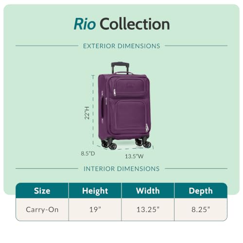 U.S. Traveler Rio Lightweight Softside Rolling Carry-on Suitcase, 4-Wheel Single, Purple - color: Purple, size: 22"