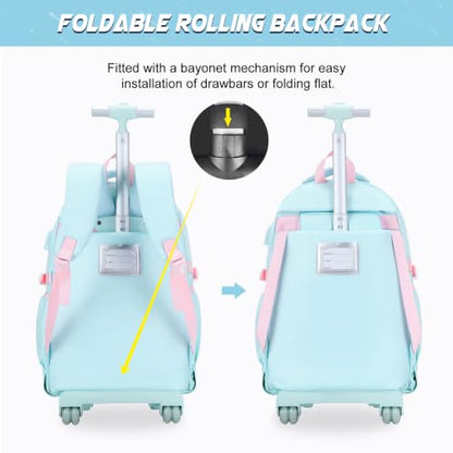 DIGOBAY Rolling Backpack for Girls with Lunch Bag & Pencil Case - color: Quamarine-pink