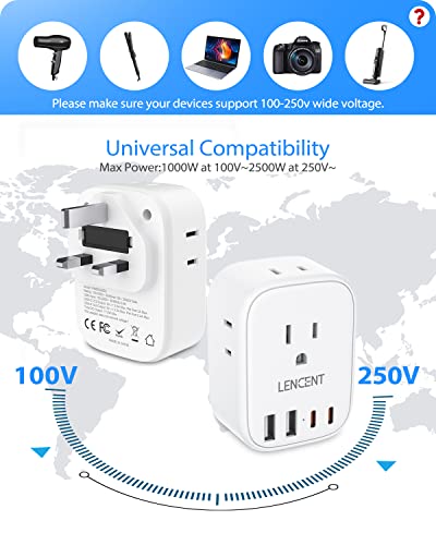 LENCENT US to UK Ireland Travel Plug Adapter, Grounded Type G Adapter - style: Type G-17.5W-UK Ireland