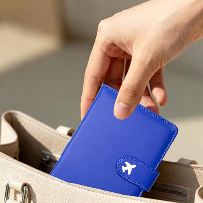 Passport Holder, Cute Travel Wallet Cover with RFID Blocking,Blue | PU leather travel wallet with magnetic closure, card slots, pen loop, and easy access for passports and essentials. - color: T-Blue