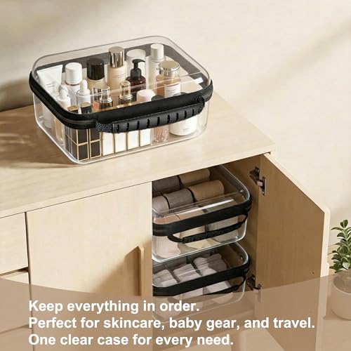 3 Pack Clear Hard Shell Zipper Storage Case Deep Capacity Organizer Pouches - color: Black