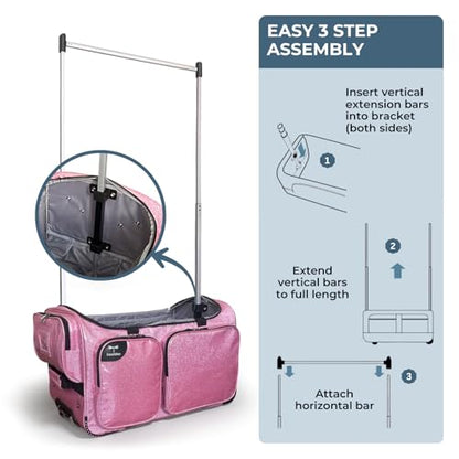Travolution NEW Glittering Dance Bag with Garment Rack, 23 Inch Rolling Duffel With Wheels, Ideal for Competitions & Travel, Easy-assembly Lightweight Aluminum Clothes Rack (Glitter Pink) - color: Glitter Pink 23"
