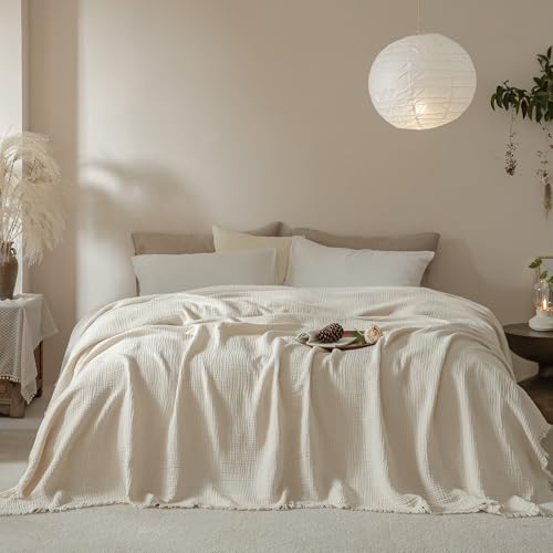 Muslin Fringe Blankets for Adults: 100% Cotton Cloud Soft Super King - color: Beige, size: Super King (108" × 98")