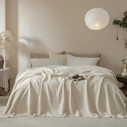 Muslin Fringe Blankets for Adults: 100% Cotton Cloud Soft Super King - color: Beige, size: Super King (108" × 98")
