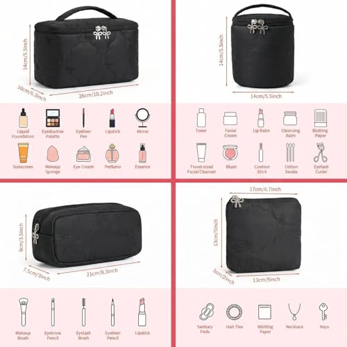 AMDAILY 4Pcs Quilted Makeup Bag Set, Bowknot Puffy Makeup Bag w/Bow Zipper - color: Black