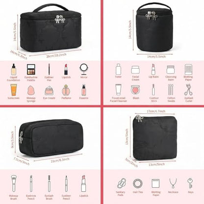 AMDAILY 4Pcs Quilted Makeup Bag Set, Bowknot Puffy Makeup Bag w/Bow Zipper - color: Black