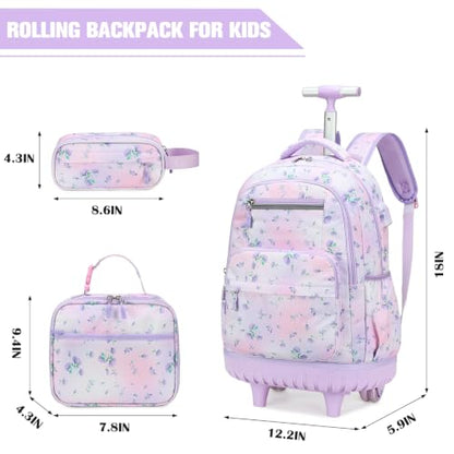 ACESAK Rolling Backpack for Girls with Lunch Bag & Pencil Pouch - color: Purple Floral