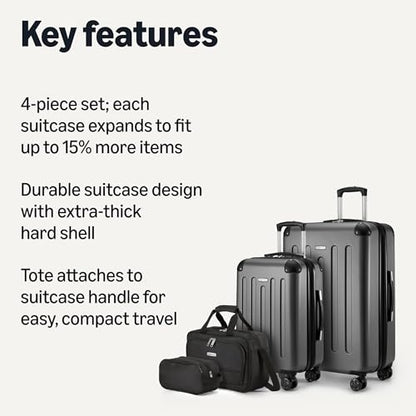 Amazon Basics 4-Piece Luggage Set, Hardside Suitcases with Spinner Wheels, 22" Carry On & 28" Checked, Tote Bag & Travel Bag, Black - color: Black, size: 4-Piece Luggage Set