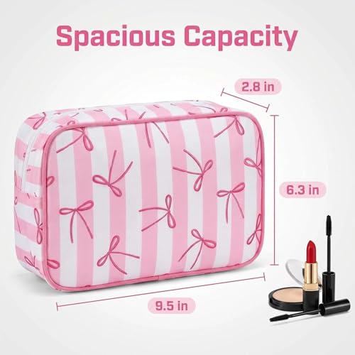 Preppy Striped Makeup Bag for Women, Structured Travel Cosmetic Pouch with Protective Sponge Padding, Large Canvas Toiletry Organizer with Tassel Zipper for Daily Purse(Pink bow) - color: Pink bow