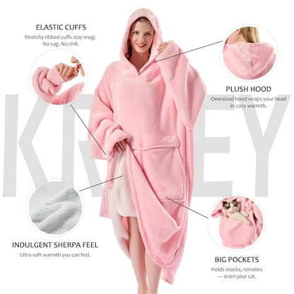 Krifey 웨어러블 담요 후드, 성인용 풀 커버리지 오버사이즈 셰르파 - color: 핑크, size: Full Coverage Oversized