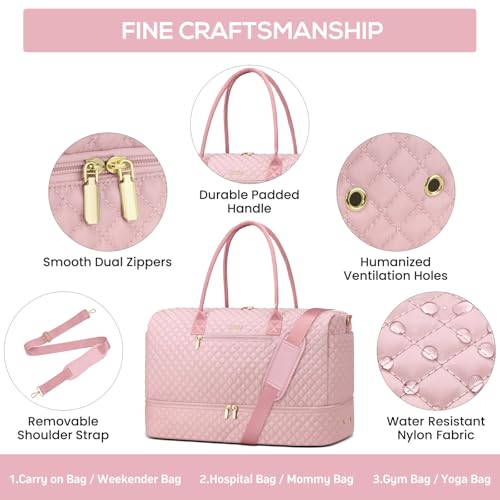 Travel Weekender Carry-on Bags for Women: Duffel Bag with Shoe Compartment - color: 1-Pink, size: 40L-3Pcs Set