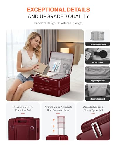 Expandable 20Inch Carry On Luggage Airline Approved - Top Opening Hardside Travel Suitcase Unbreakable -with Cup Holder,USB Charge,Side Pothook, 360°Spinner Wheels, TSA Lock, Wine Red - color: Wine Red, size: 20 IN