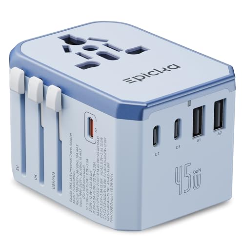 EPICKA 45W Universal Travel Adapter PD&QC, 1AC/3USB-C/2USB-A - style: 45W-5USB(3 USB-C) Blue